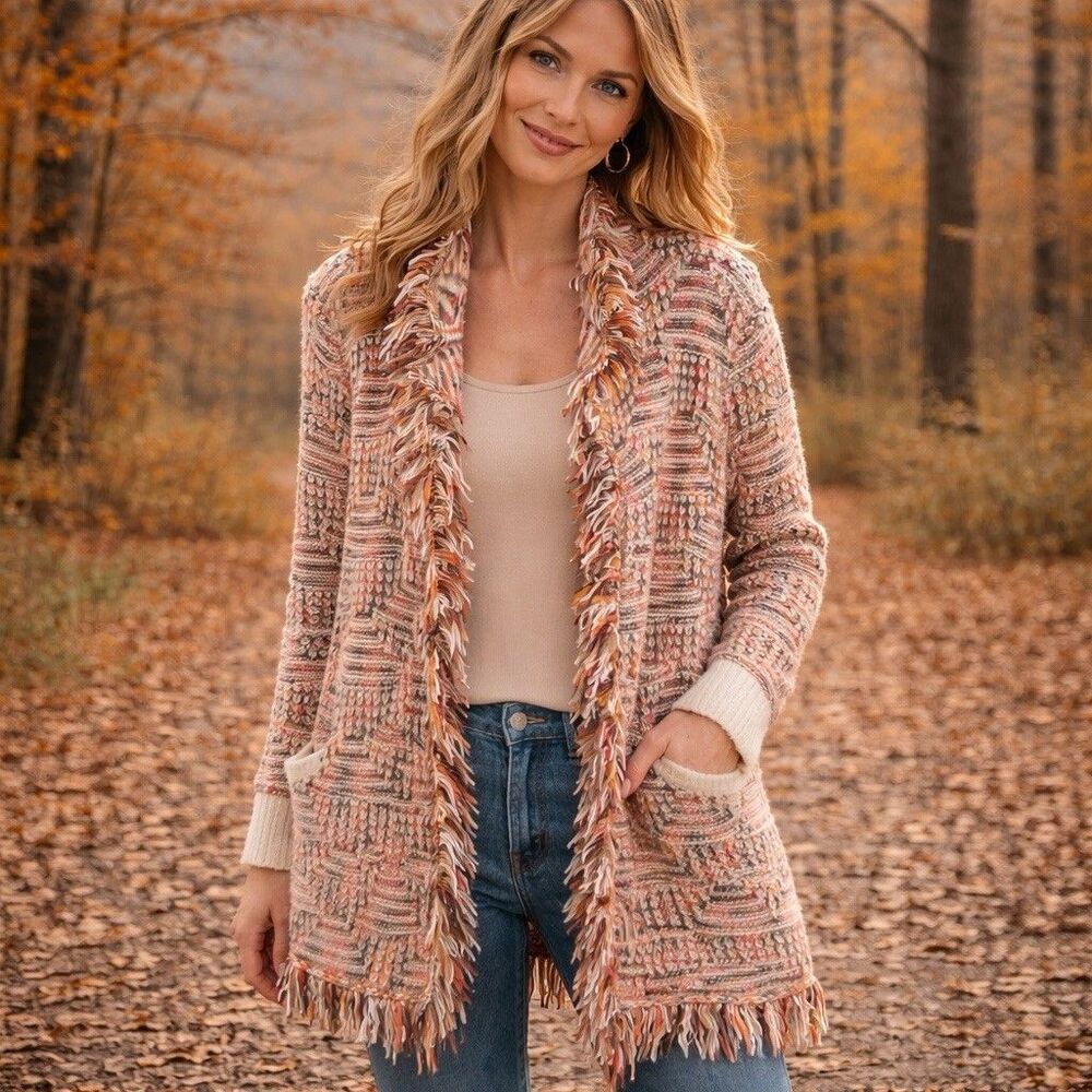 Kloth & Clover Sweater Cardigan Open Front Fringe Knit Multicolor Size L/XL